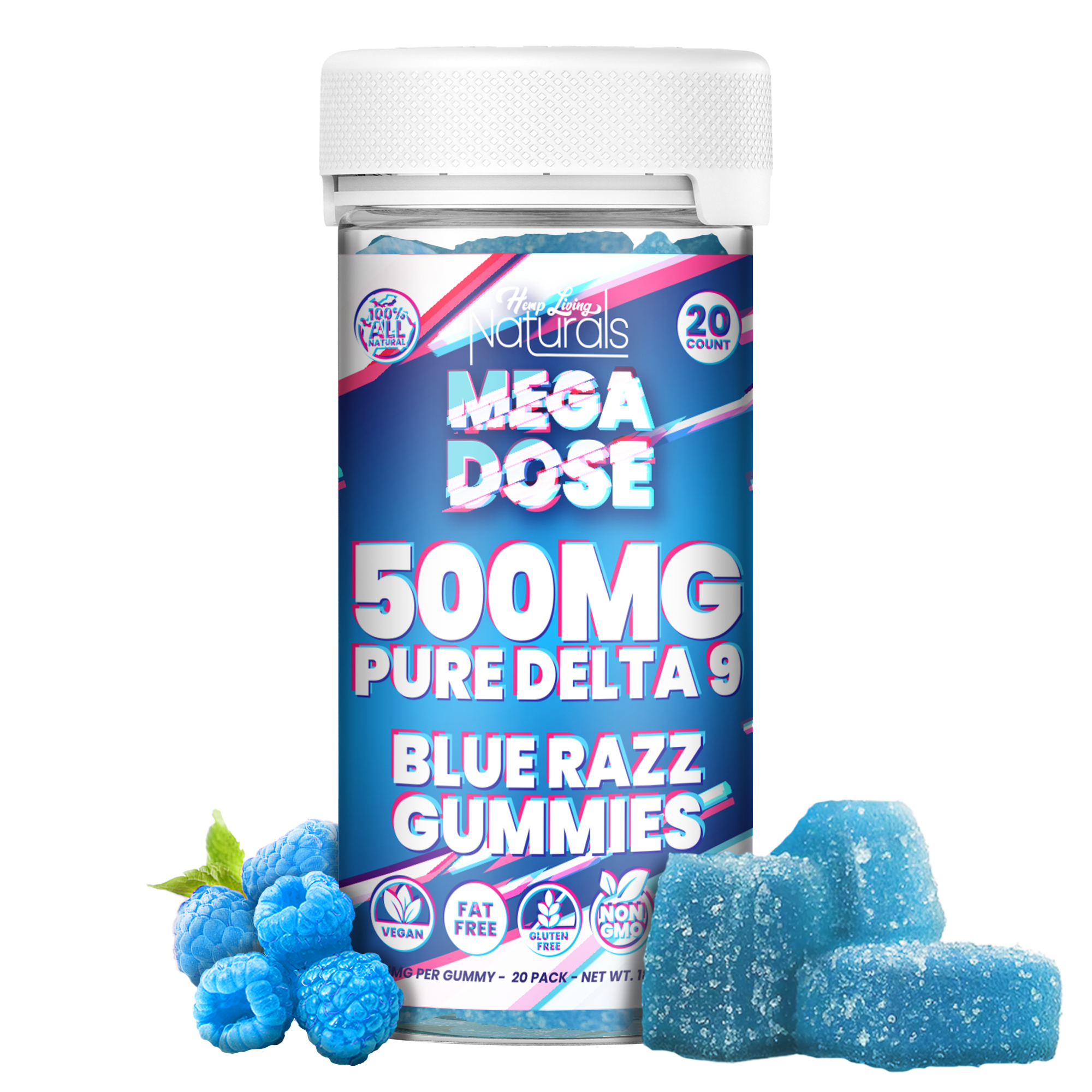 Naturals – Mega Dose – PURE D9 25mg Gummies – 20ct Jar – 500mg