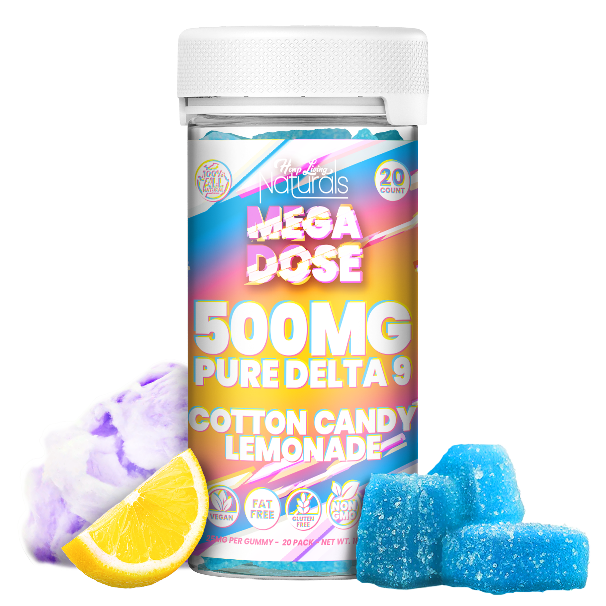 Naturals – Mega Dose – PURE D9 25mg Gummies – 20ct Jar – 500mg - Image 2